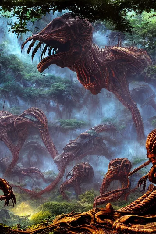 Image similar to alien hive in the exotic jungle, landscape, alex ross, neal adams, david finch, concept art, matte painting, highly detailed, rule of thirds, dynamic lighting, cinematic, detailed, denoised, centerd