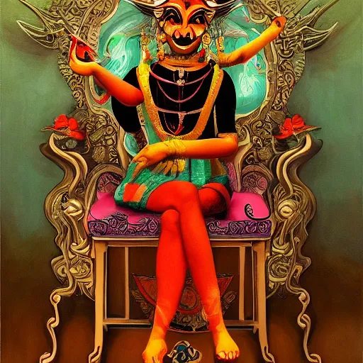 Image similar to a beautiful painting of a demon sitting on top of a chair, a high detailed painting by ram chandra shukla, by ali akbar sadeghi, pixiv contest winner, bengal school of art, symmetrical, coherent, maximalist, trending on artstation