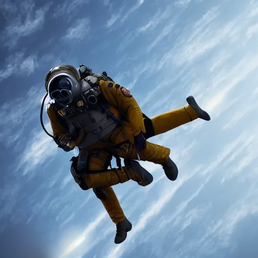 Image similar to a film still of a jet pilot wearing a flight suit and gas mask, attached to a parachute, in the sky, 8k