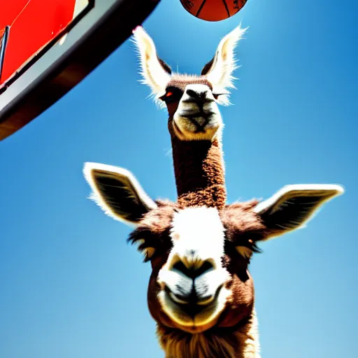 Image similar to a photo of a llama dunking a basketball, 4 k, photography, high resolution