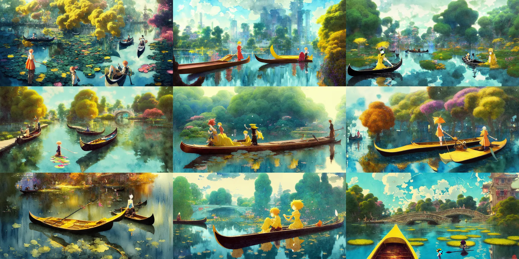 Prompt: anime movie scene, characters, waterway, fantasy. gondola boat, amazing composition, colorful watercolor, lily pads, reflections, by ruan jia, by maxfield parrish, by koji morimoto, by hikari shimoda, by sparth, by zhang kechun, illustration, gloomy, yellow