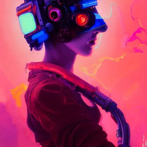 Prompt: a beautiful painting of a cyberpunk blindfolded girl by sung choi and pascal blanche and alphonse mucha! and ruan jia! and josan gonzalez!. in style of conceptual art. colorful comic, film noirs, akira, brush stroke, vibrating colors, hyper detailed. octane render. trending on artstation