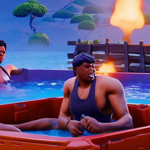 Prompt: scarface playing fortnite in his hottub