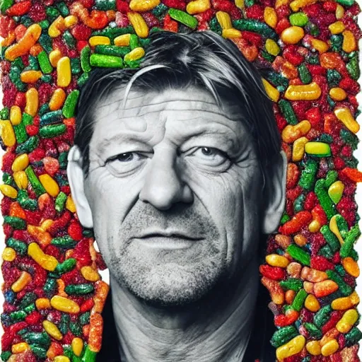 Image similar to a portrait of of sean bean constructed from beans, baked beans, lima beans, string beans, collage, drop shadow, organic, layered composition, layers, texture, mcu, petals, highly textured, layered, sculpted, dynamic,