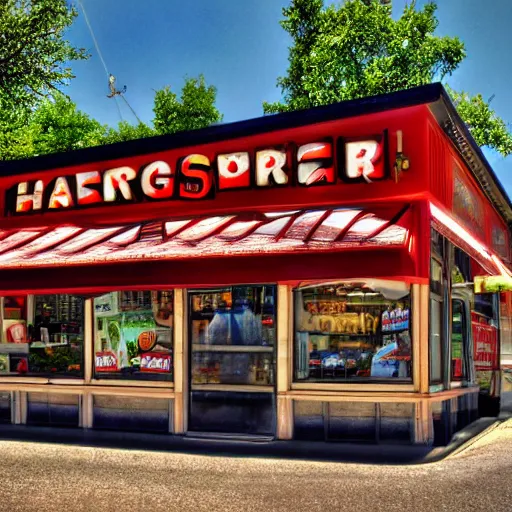 Prompt: Hamburger House in Fast Food Land, Realistic, HDR, Clear Image, HDD, RTX ON,