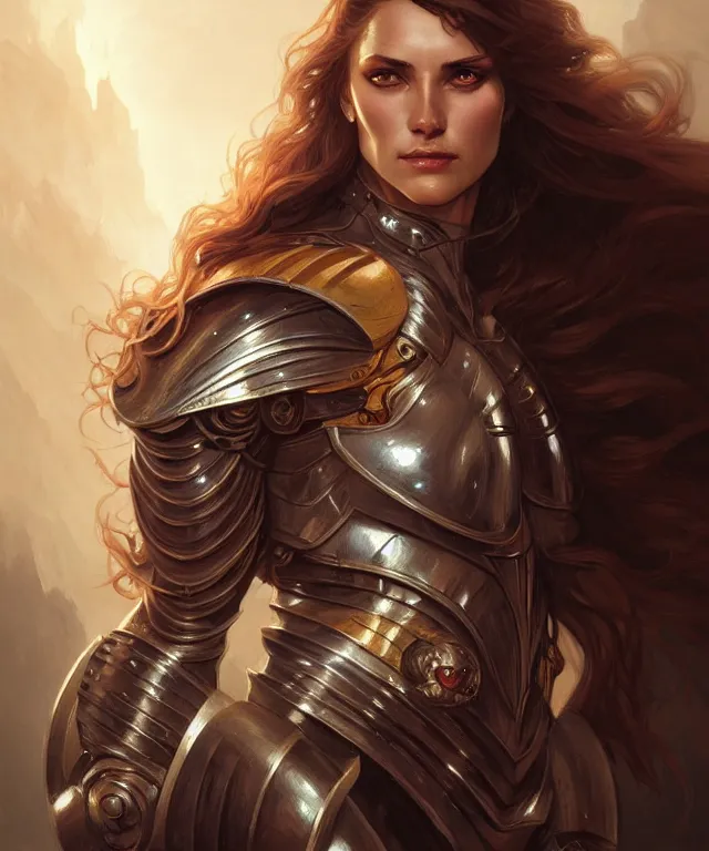 Image similar to Muscular and powerful medieval knight woman portrait, sci-fi, amber eyes, face, long hair, fantasy, intricate, elegant, highly detailed, digital painting, artstation, concept art, smooth, sharp focus, illustration, art by artgerm and greg rutkowski and alphonse mucha