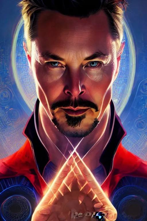 Image similar to elon musk as dr strange, realistic portrait, symmetrical, highly detailed, digital painting, artstation, concept art, smooth, sharp focus, illustration, cinematic lighting, art by artgerm and greg rutkowski and alphonse mucha