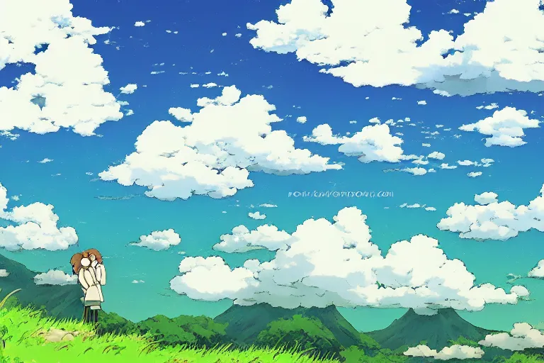 Image similar to clouds in the style of studio ghibli and makoto shinkai