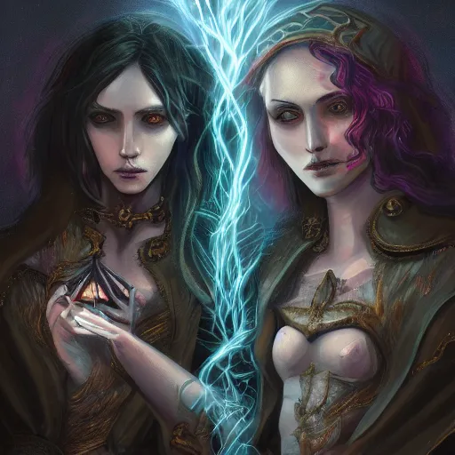 Prompt: a tarot card of a two female necromancers casting spells, ominous nighttime storm, fantasy, d & d, intricate, elegant, highly detailed, digital painting, artstation, concept art, matte, sharp focus, illustration