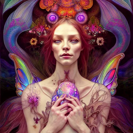 Prompt: An extremely psychedelic fairy queen, surreal, dramatic lighting, magic mushrooms, psilocybin, LSD, face, detailed, intricate, elegant, lithe, highly detailed, digital painting, artstation, concept art, smooth, sharp focus, illustration, art by Krenz Cushart and Artem Demura and alphonse mucha