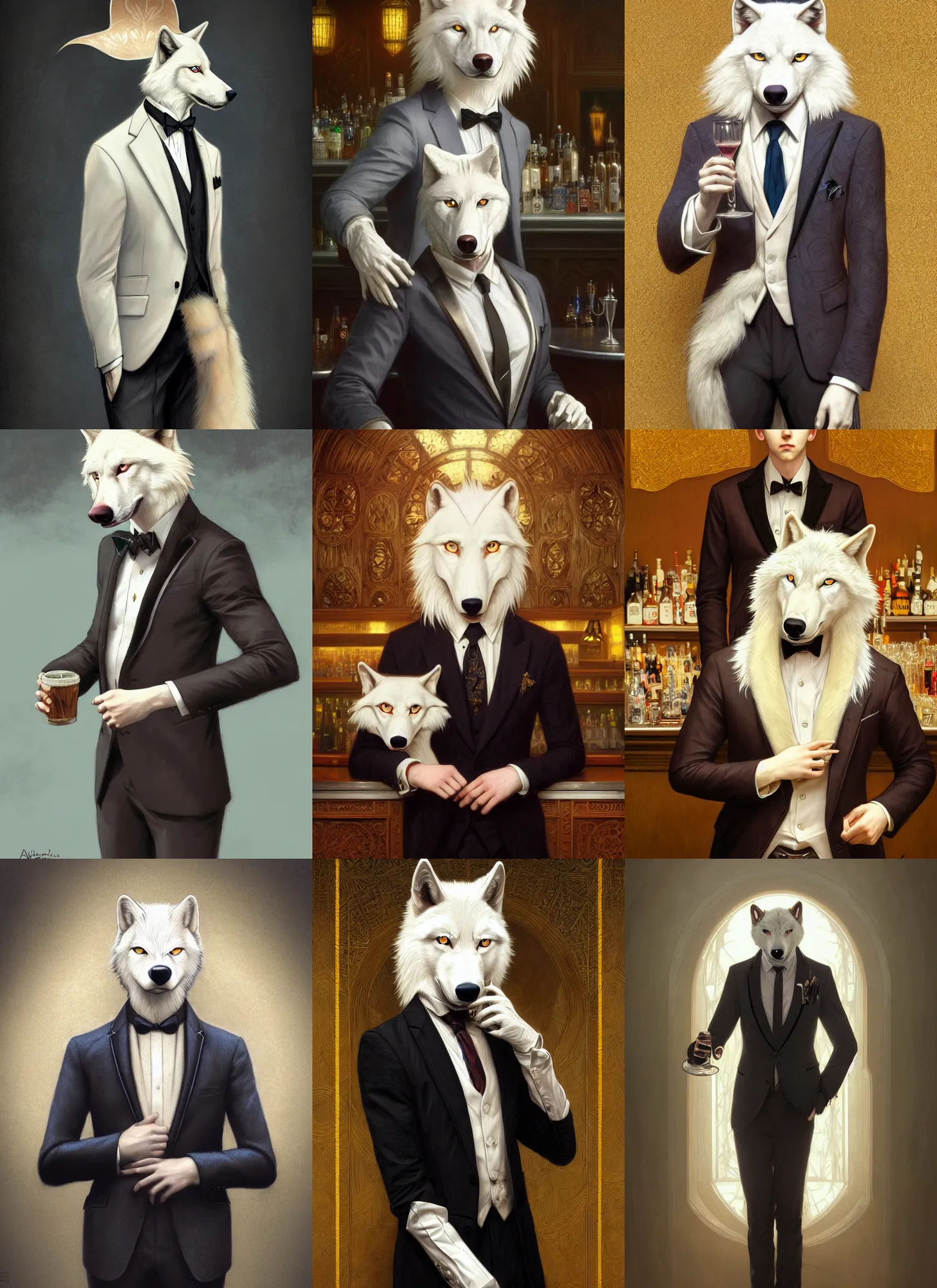 Prompt: photography of a male anthropomorphic albino wolf fursona wearing a nice suit at a bar, deep focus, intricate, elegant, highly detailed, digital painting, artstation, concept art, matte, sharp focus, illustration, art by artgerm and greg rutkowski and alphonse mucha