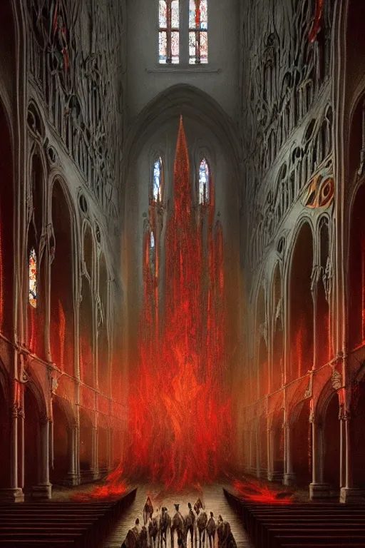 Prompt: a beautiful and terrifying painting with high details of a church made of white bones and skeletons, with white bones in the foreground, red energetic flame burningmovie atmosphere, movie lights, 8 k, light effect, rtx on, trending on artstation, by kilian eng, lee madgwick, bastien lecouffe - deharme