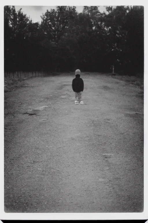 Prompt: photo polaroid of sad and lonely child in the middle of the street, in front of him is a cemetery graves, loneliness, black and white ,photorealistic, 35mm film,