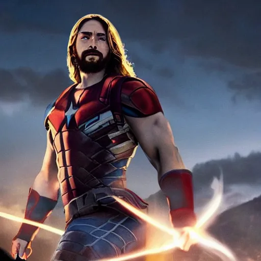 Image similar to jesus christ fighting alongside the avengers, using his cross as weapon, photorealistic, cinematic lighting, extremely detailed, marvel cinematic universe