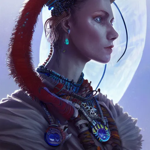 Image similar to detailed portrait of a futuristic sci - fi shaman in an impressive scene. extremely detailed. beautiful lighting. trending on artstation.