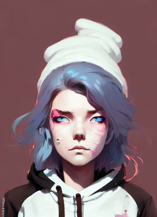 Image similar to highly detailed portrait of a urban punk lady student, blue eyes, hoodie, white hair by atey ghailan, by greg rutkowski, by greg tocchini, by james gilleard, by joe fenton, by kaethe butcher, gradient black, brown and pink color scheme, grunge aesthetic!!! ( ( graffiti tag wall background ) )