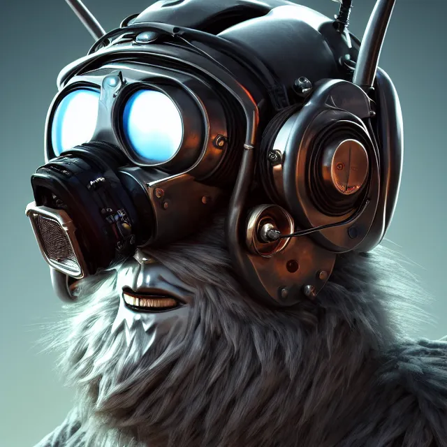 Image similar to a portrait of an anthropomorphic cyberpunk yeti in a motorcycle helmet, detailed render, tape deck, boombox, headphones, epic composition, cybernetics, 4 k realistic, cryengine, realistic shaded lighting, sharp focus, masterpiece, by matteo scalera, gary montalbano, peter elson in the style of the tokyo ghost comic