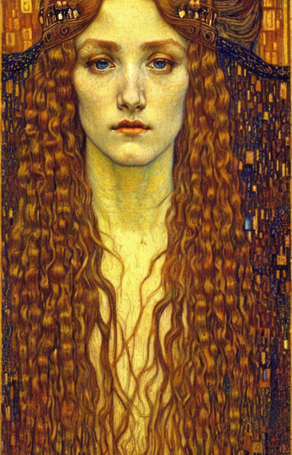 Image similar to detailed realistic beautiful young medieval queen face portrait by jean delville, gustav klimt and vincent van gogh, art nouveau, symbolist, visionary, gothic, pre - raphaelite, muted earthy colors, desaturated