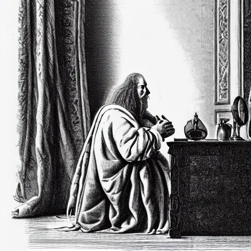 Image similar to An extremely detailed render of a mummy in very old clothes, sitting at his Louis XIV desk, with very old curtains in the room, very old room. The very very very old man has a 1880 phone on his desk. Dust in the air, god rays, raytracing shadows, ambient occlusion, 8K, RTX 3090, trending on artstation, lumens