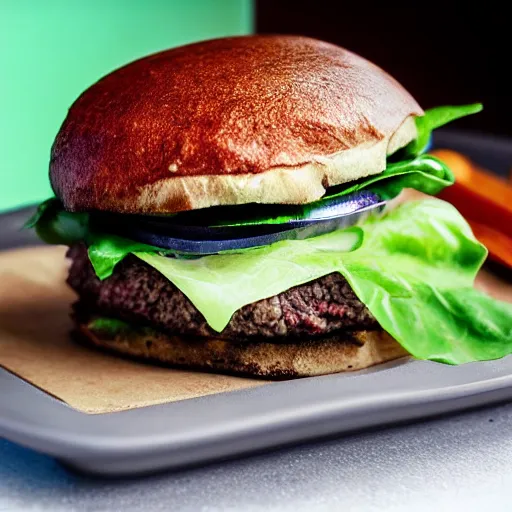 Prompt: blue and green hamburger made from lab grown meat photo