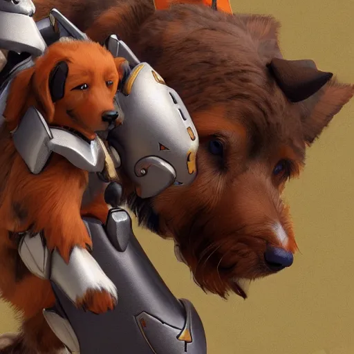 Image similar to reinhardt petting a brown dog, highly detailed, hyperrealistic, smooth focus, sharp, artstation