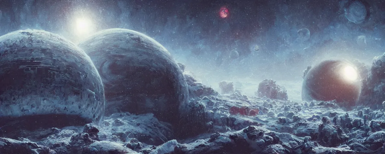 Prompt: ” outer planet covered with ice, [ art by paul lehr, cinematic, detailed, epic, widescreen, opening, establishing, mattepainting, photorealistic, realistic textures, octane render ] ”