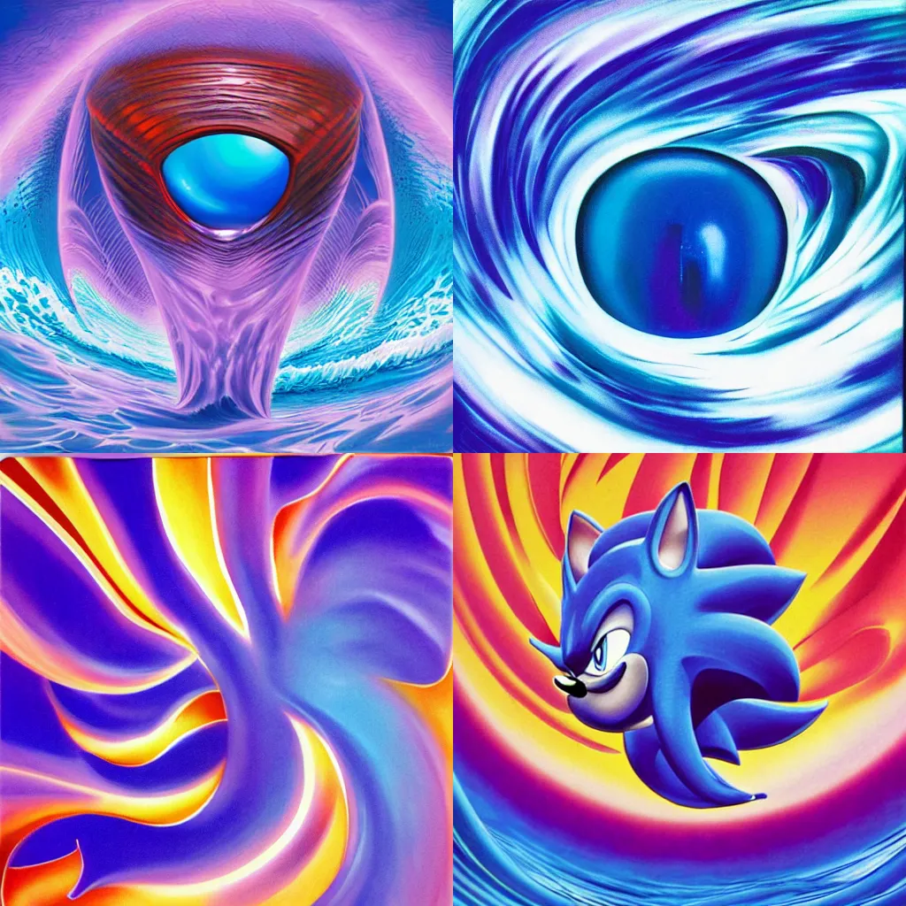 Prompt: surreal, sharp, detailed professional, high quality airbrush art album cover of a cresting blue ocean wave in the that looks a little bit like sonic the hedgehog's head, purple checkerboard background, 1990s 1992 Sega Genesis box art