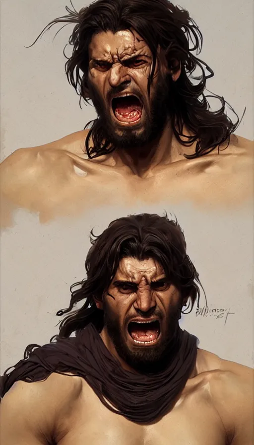 Prompt: portrait of an ugly screaming classical greek hero with wonky eyes, artstation, concept art, smooth, sharp focus, illustration, art by artgerm and greg rutkowski and alphonse mucha