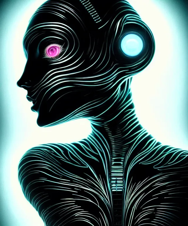 Image similar to Supermodel woman turning into an Android portrait, dark surrealism , scifi, intricate, elegant, sharp black neon eyebrows, ornate long flowing platinum blonde hair and small black streaks, highly detailed cybernetic body, neon glowing eyes, digital painting, artstation, concept art, smooth, sharp focus, illustration, art by Artgerm and moebius and Peter Mohrbacher