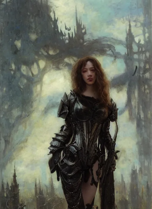 Image similar to short muscular young kat dennings wearing black medieval armour, bare legs, detailed, by gaston bussiere, bayard wu, greg rutkowski, giger, maxim verehin, greg rutkowski, masterpiece, sharp focus, cinematic lightning