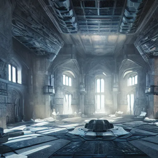 Prompt: ultra mega super hyper realistic Digital concept interior design of castle in futuristic style mixed with medieval style. More cyberpunk less medieval. Natural white sunlight from the transperient roof. Rendered in VRAY and DaVinci Resolve and MAXWELL and LUMION 3D, Volumetric natural light