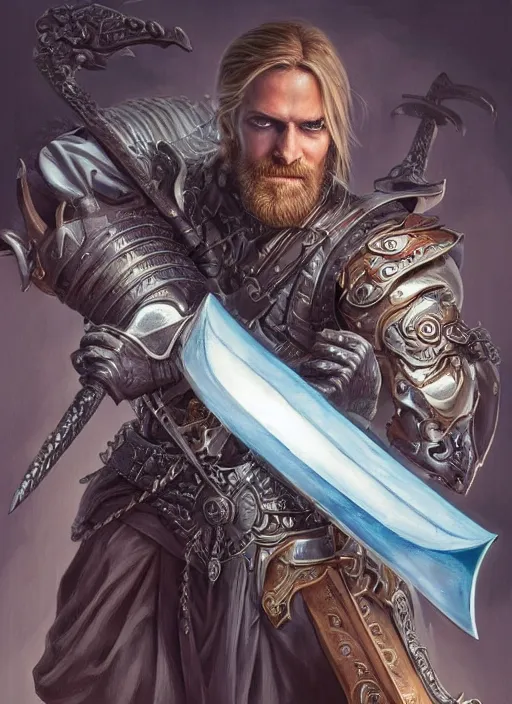 Image similar to PewDiePie as a mean looking hero holding an enormous large dual wielding sword, intricate, elegant, highly detailed, centered, digital painting, artstation, concept art, smooth, sharp focus, illustration, artgerm, donato giancola, Joseph Christian Leyendecker, WLOP, Boris Vallejo, Artgerm