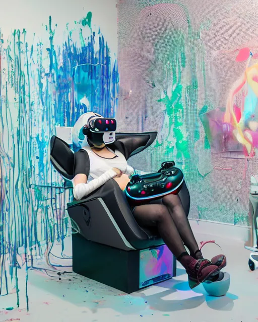Prompt: a cosplay model reclines in a gaming computer chair wearing a vr headset and headphones holding a game controller, in a domestic interior filled with screens by james jean and luc tuymans and beeple and hernan bas and pat steir and hilma af klint, psychological, 3 d, dripping paint, high quality render, masterpiece