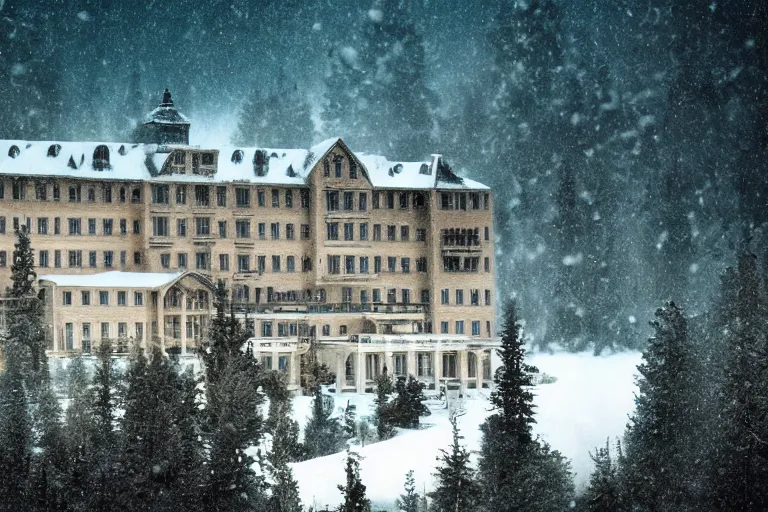 Image similar to The Shining Overlook Hotel, Rocky mountains, snow, scary, matte painting, cinematic composition, hyper realistic, highly detailed, concept art, low key lighting, high dynamic range, depth of field, moment cinebloom filter, cinematic color grade