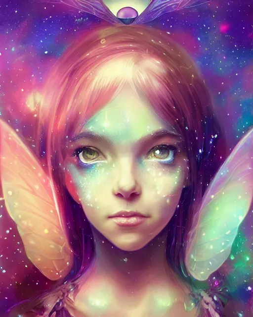 Prompt: a detailed image of an attractive!!!! girl with psychedelic! fairy wings sitting under the night sky and holding!! a crystal!! containing all of reality and galaxies, by greg rutkowski artgerm ross tran ilya kuvshinov. 7 0 mm, volumetric lighting, digital art, subtle and detailed