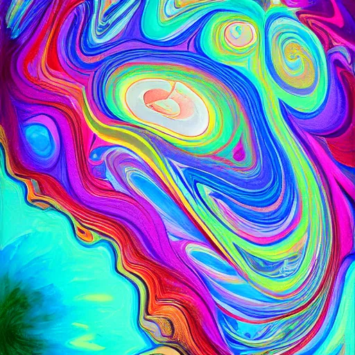 Prompt: fluid dynamics flow art a painting of an mushroom with a colorful swirl, acrylic marbling art by sam spratt, deviantart, psychedelic art, psychedelic, cosmic horror, chromatic