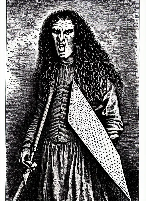 Image similar to illustration of weird al yankovic as a demon from the dictionarre infernal, etching by louis le breton, 1 8 6 9, 1 2 0 0 dpi scan, ultrasharp detail, clean scan