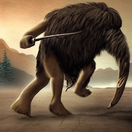 Image similar to a detail digital art of a caveman chasing a mammoth