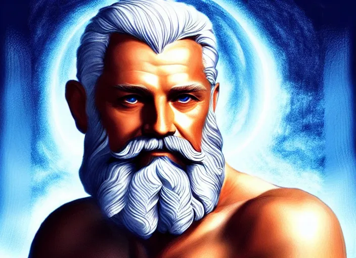 Image similar to zeus god of the sky holding the lightings + older man with a beard + father of all gods and humans + beautiful face and pretty face + intricate complexity, rule of thirds, style by artgerm, dramatic lighting