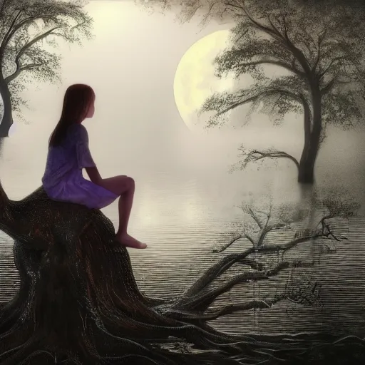 Prompt: a girl sits on the roots of an ancient tree looking at the reflection of the moon in a pond, the moon can be glimpsed through the trees, towering forest veiled by fog, dark fantasy, night time, realistic painting