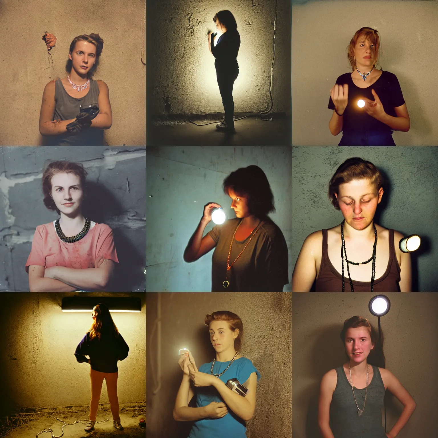 Prompt: A young woman, necklace, left ear, left hand, flashlight, dirty Concrete wall, dust, trash ; basement , night; 90's professional color photograph, close up, view from front.