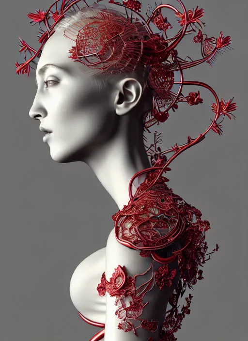 Image similar to complex 3d render ultra detailed of a beautiful porcelain profile young woman face, mechanical cyborg, 200 mm lens cinematic lights, beautiful studio soft light, rim light, silver gold red details, magnolia big leaves and stems, roots, fine foliage lace, mesh wire, Alexander Mcqueen high fashion haute couture, luxurious, art nouveau fashion embroidered, intricate details, hyper realistic, ultra detailed, mandelbrot fractal, anatomical, facial muscles, cable wires, microchip, elegant, octane render, H.R. Giger style, 8k post-production