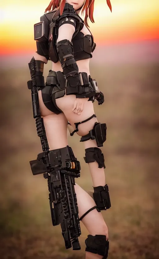 Prompt: highly detailed, high resolution, cosplay photo, stunning, realistic lightning, real sunset, in the middle of the battlefield, girls frontline style, bokeh soft, 100mm, trending on facebook, by professional photographer, realistic anatomy, realistic military rigs, full body suit