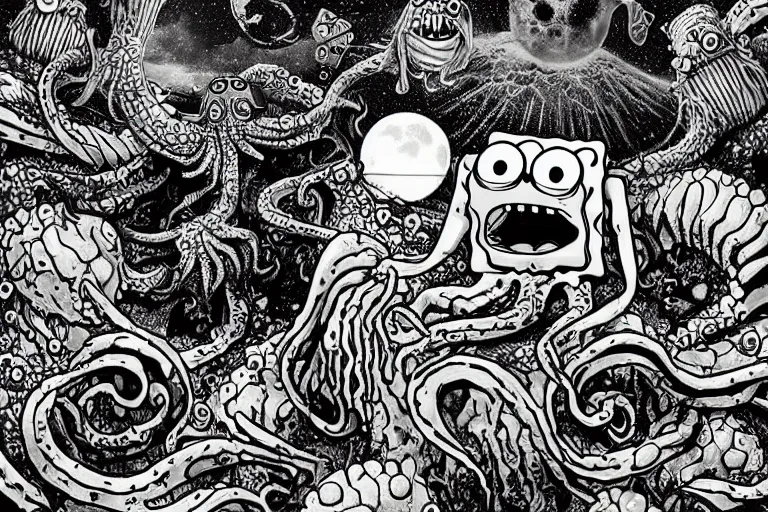 Image similar to Spongebob Cthulhu nightmare, photorealistic, high detail, movie poster, moon surface, silhouetted, lunar horizon