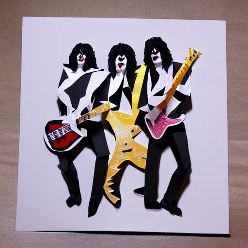 Prompt: cut paper sculpture of the rock band kiss