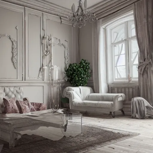 Image similar to a detalied 3 d render of a shabby chic living room, by valentin franke, ilya galinsky trending of artstation, photorealism