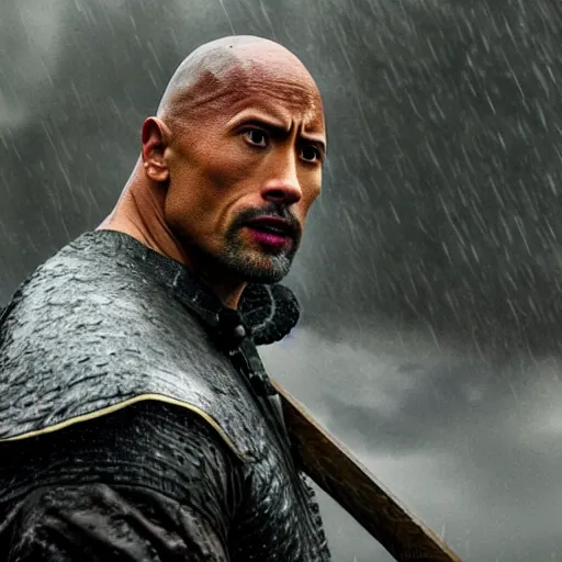 Image similar to Dwayne Johnson as samurai , under rain, dramatic, cinematic, an film still