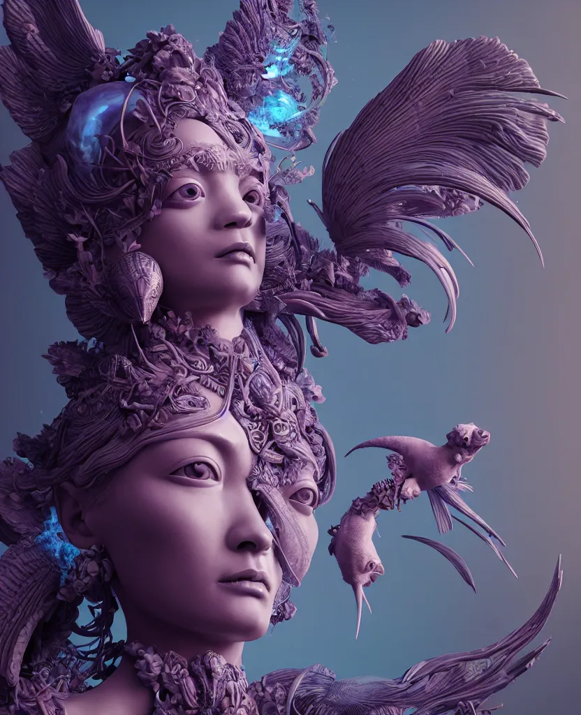 Image similar to goddess sculpture close-up portrait. orchid bird phoenix head, nautilus, skull, betta fish, bioluminiscent creatures, intricate artwork by Tooth Wu and wlop and beeple. octane render, trending on artstation, greg rutkowski very coherent symmetrical artwork. cinematic, hyper realism, high detail, octane render, 8k