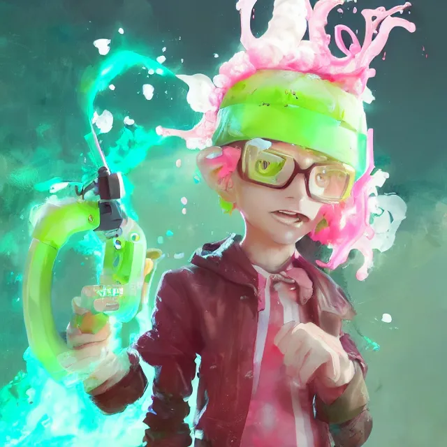 Image similar to a beautiful fullbody portrait of a cute splatoon anime boy with pink hairand green eyes. character design by cory loftis, fenghua zhong, ryohei hase, ismail inceoglu and ruan jia. artstation, volumetric light, detailed, photorealistic, fantasy, rendered in octane