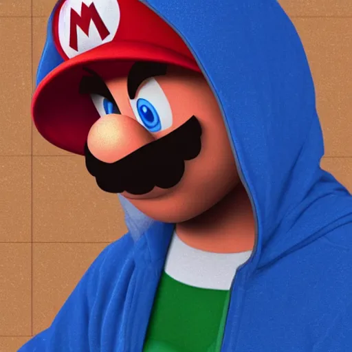 Prompt: depressed Mario in a blue hoodie on the rain, matte painting, realistic, sad, emotional, powerful